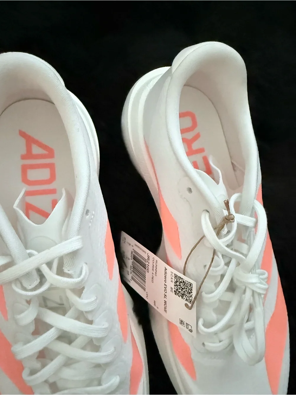 Adidas Adizero Evo SL White Running Shoes, red and orange accents. Size 6.5